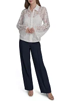 Women's Long Sleeve Flare Button Front Lace Blouse