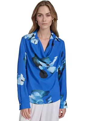 Women's Long Sleeve Cowl Neck Floral Blouse