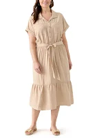 Plus Short Sleeve Solid Tie Waist Shirtdress