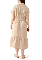 Plus Short Sleeve Solid Tie Waist Shirtdress