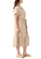 Plus Short Sleeve Solid Tie Waist Shirtdress