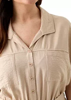 Plus Short Sleeve Solid Tie Waist Shirtdress