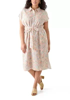 Plus Printed Button Front Tie Waist Midi Dress