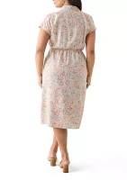 Plus Printed Button Front Tie Waist Midi Dress