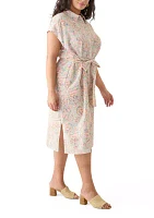 Plus Printed Button Front Tie Waist Midi Dress