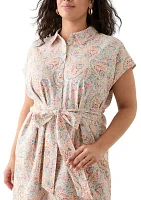 Plus Printed Button Front Tie Waist Midi Dress
