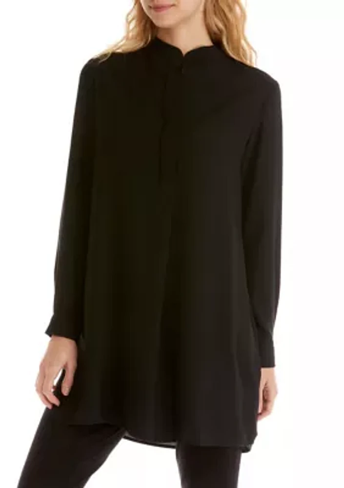 Petite Long Sleeve Popover Blouse with Covered Placket and Side Slits