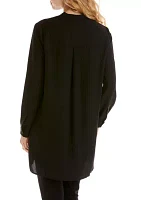 Petite Long Sleeve Popover Blouse with Covered Placket and Side Slits