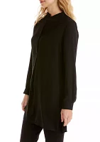 Petite Long Sleeve Popover Blouse with Covered Placket and Side Slits