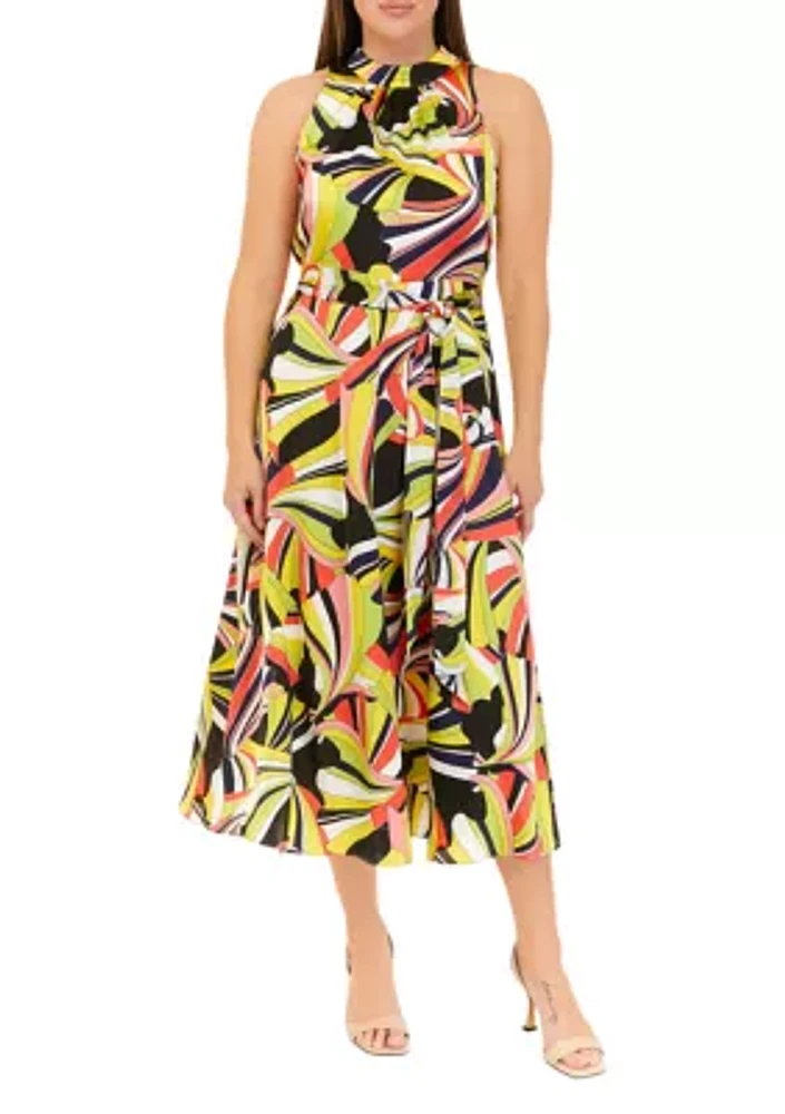 Women's Sleeveless Tie Neck Halter Printed Midi Dress