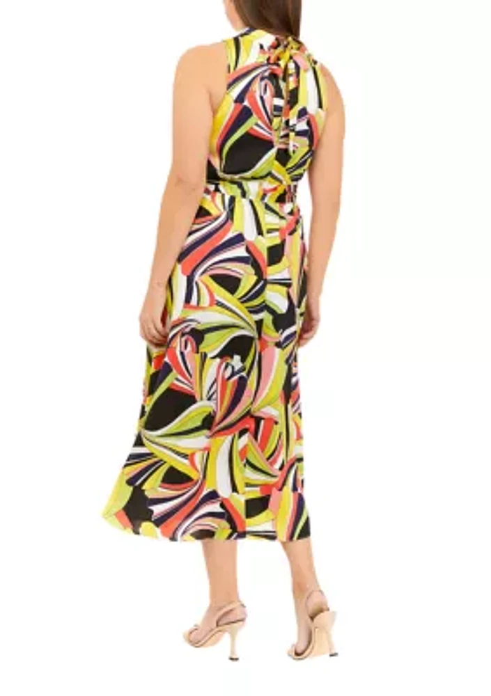 Women's Sleeveless Tie Neck Halter Printed Midi Dress