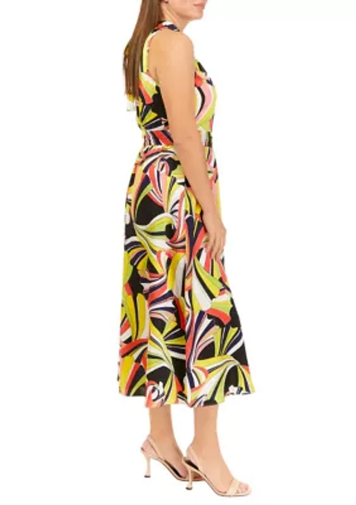 Women's Sleeveless Tie Neck Halter Printed Midi Dress