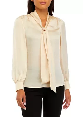 Women's Long Sleeve Tie Neck Blouse with Cuffs