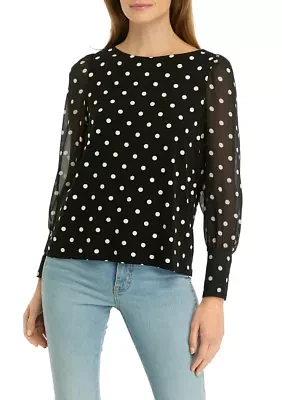 Petite Printed Chiffon Sleeve Knit Top