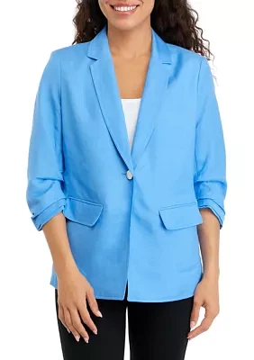 Petite Linen One Button Notch Collar with Scrunch Sleeve Jacket