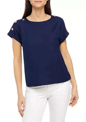 Women's Short Sleeve Button Detail Linen Blouse