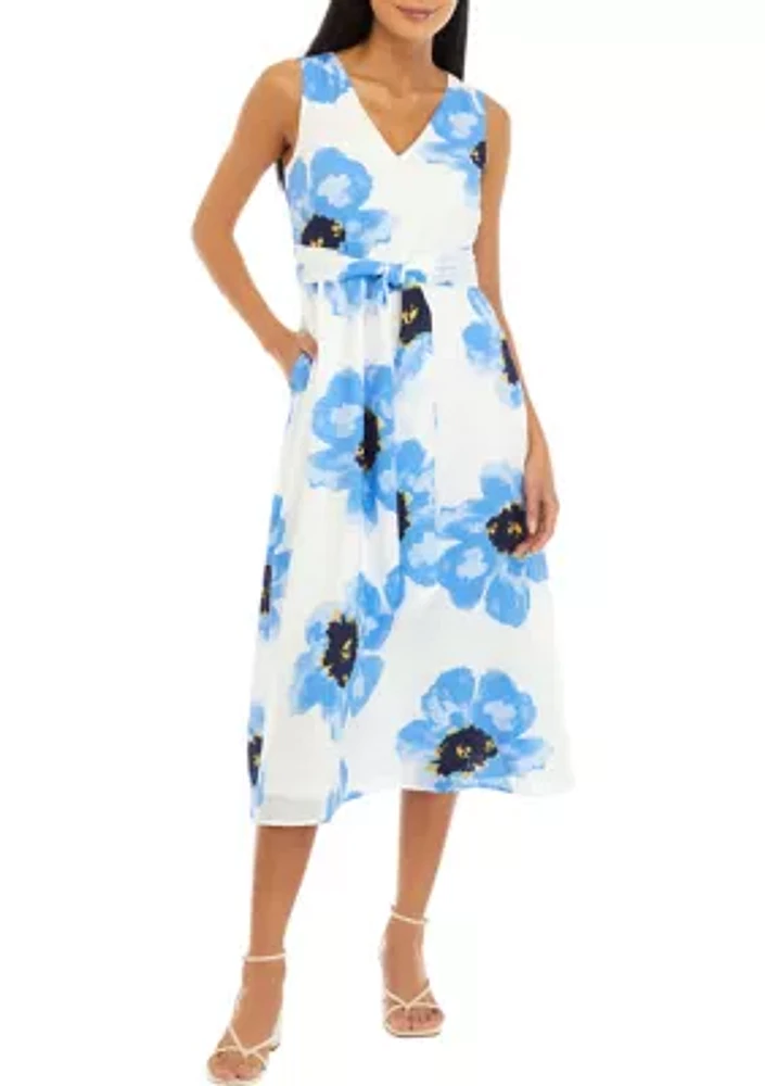 Women's Printed Midi Dress with Attached Sash