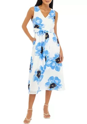 Women's Printed Midi Dress with Attached Sash