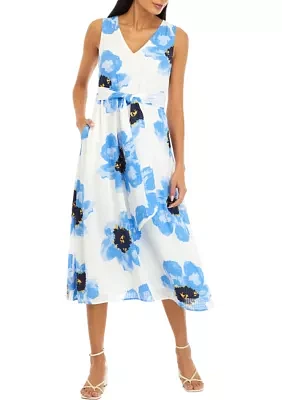 Petite Printed Midi Dress with Attached Sash