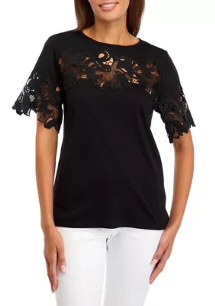 Women's Harmony Knit Short Sleeve Lace Appliqué Top