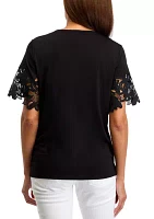 Women's Harmony Knit Short Sleeve Lace Appliqué Top