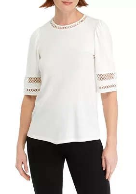 Women's Harmony Knit Lace Trim Elbow Sleeve T-Shirt