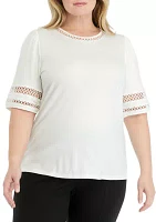 Plus Harmony Knit Lace Trim Elbow Sleeve T-Shirt