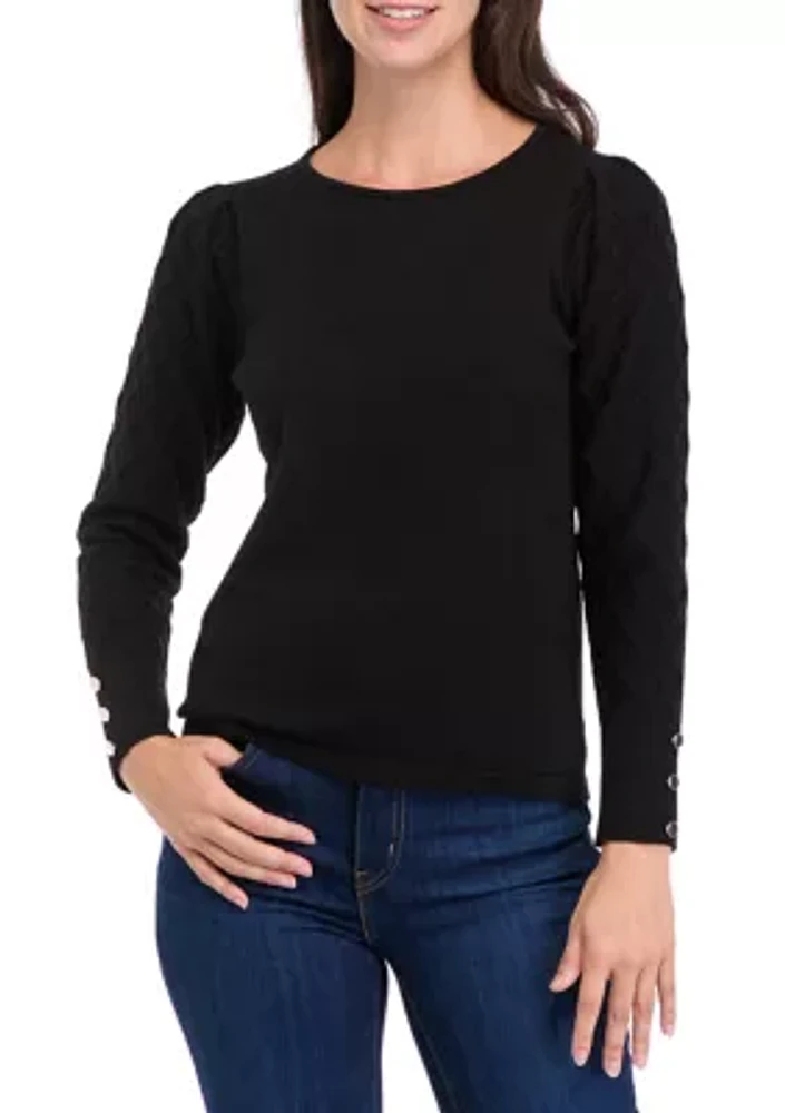 Petite Diamond Stitch Puff Sleeve Crew Neck Sweater