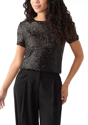 Petite Banded Linear Sequin Triple Mesh T-Shirt