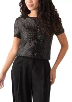 Petite Banded Linear Sequin Triple Mesh T-Shirt