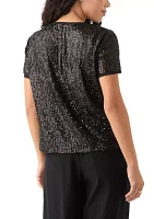 Petite Banded Linear Sequin Triple Mesh T-Shirt