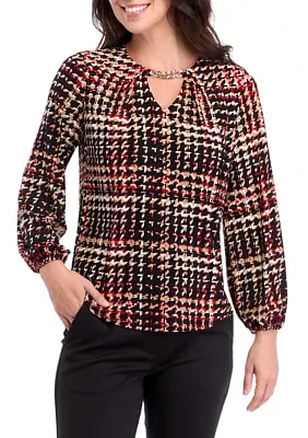 Women's Printed Long Sleeve Split Neck Blouson Top