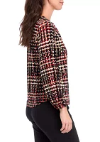 Women's Printed Long Sleeve Split Neck Blouson Top