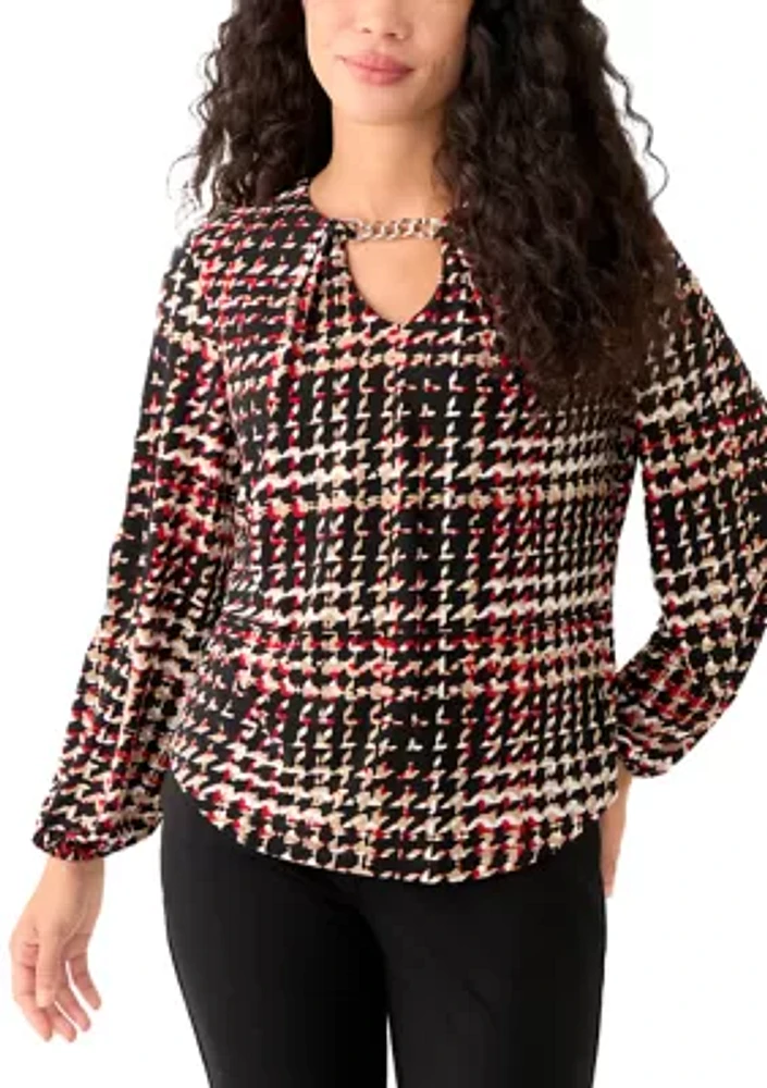 Petite Printed Long Sleeve Pleat Neck Blouse