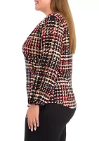 Plus Printed Long Sleeve Split Neck Blouson Top