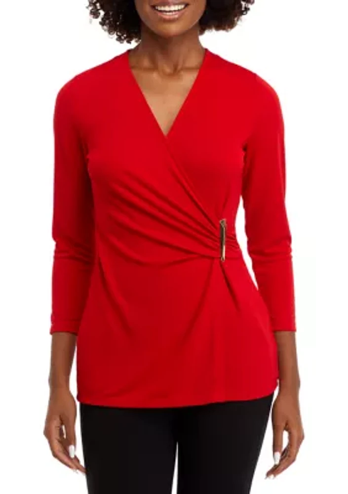 Women's Matte Jersey 3/4 Sleeve Wrap Top with Asymmetric Trim