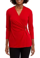 Women's Matte Jersey 3/4 Sleeve Wrap Top with Asymmetric Trim