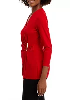 Women's Matte Jersey 3/4 Sleeve Wrap Top with Asymmetric Trim