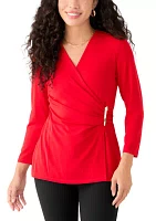 Petite Matte Jersey 3/4 Sleeve Wrap Top with Asymmetric Trim