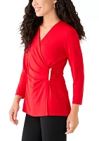 Petite Matte Jersey 3/4 Sleeve Wrap Top with Asymmetric Trim