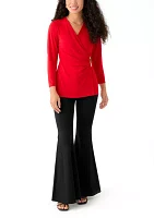 Petite Matte Jersey 3/4 Sleeve Wrap Top with Asymmetric Trim