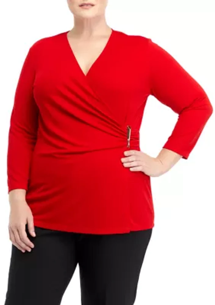 Plus Matte Jersey 3/4 Sleeve Wrap Top with Asymmetric Trim