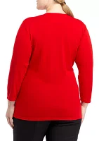 Plus Matte Jersey 3/4 Sleeve Wrap Top with Asymmetric Trim