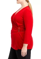 Plus Matte Jersey 3/4 Sleeve Wrap Top with Asymmetric Trim