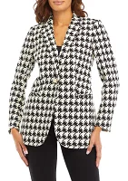 Women's Houndstooth One Button Notch Collar Jacket with Besom Pockets