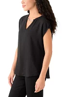 Petite Short Sleeve Split Neck Blouse