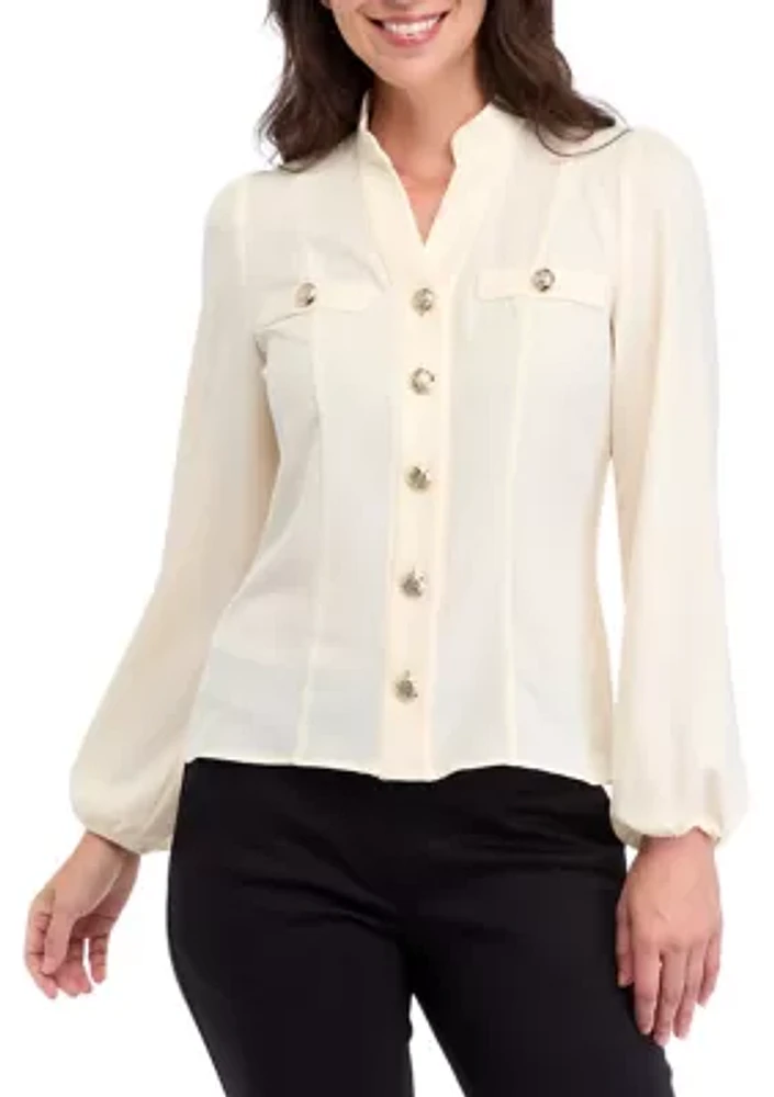 Women's High Neck Button Front Blouse with Long Sleeves