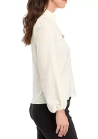 Women's High Neck Button Front Blouse with Long Sleeves