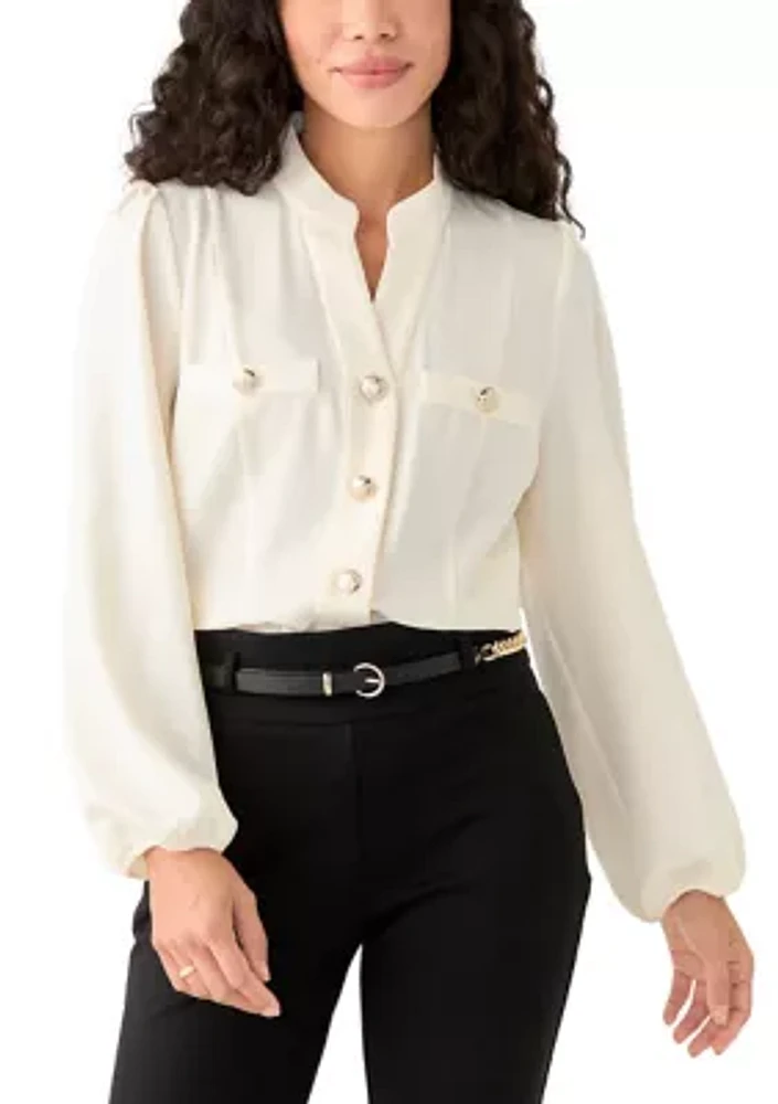 Petite Mock Neck Button Front Blouse