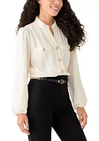 Petite Mock Neck Button Front Blouse